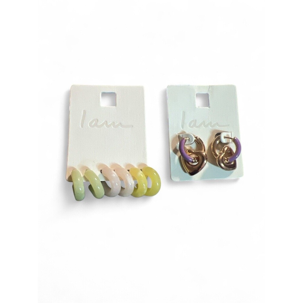 Set Of I Am Earrings Hoops Ear Huggers Hearts Pierced Pastel NEW